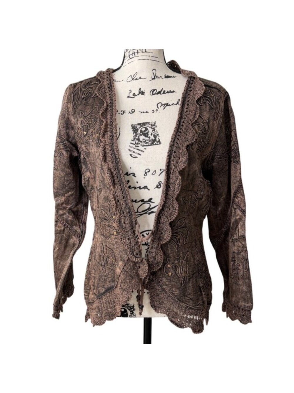 Flashback Womens Size S Cardigan Embroidered Crochet Trimmed Brown Artsy